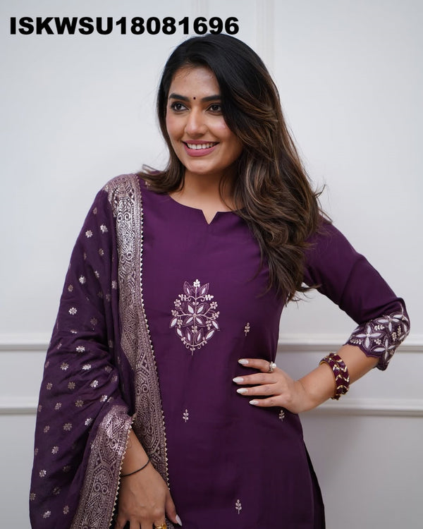 Embroidered Chanderi Kurti With Pant And Jacquard Dupatta-ISKWSU18081696