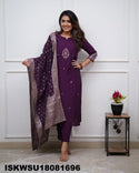Embroidered Chanderi Kurti With Pant And Jacquard Dupatta-ISKWSU18081696