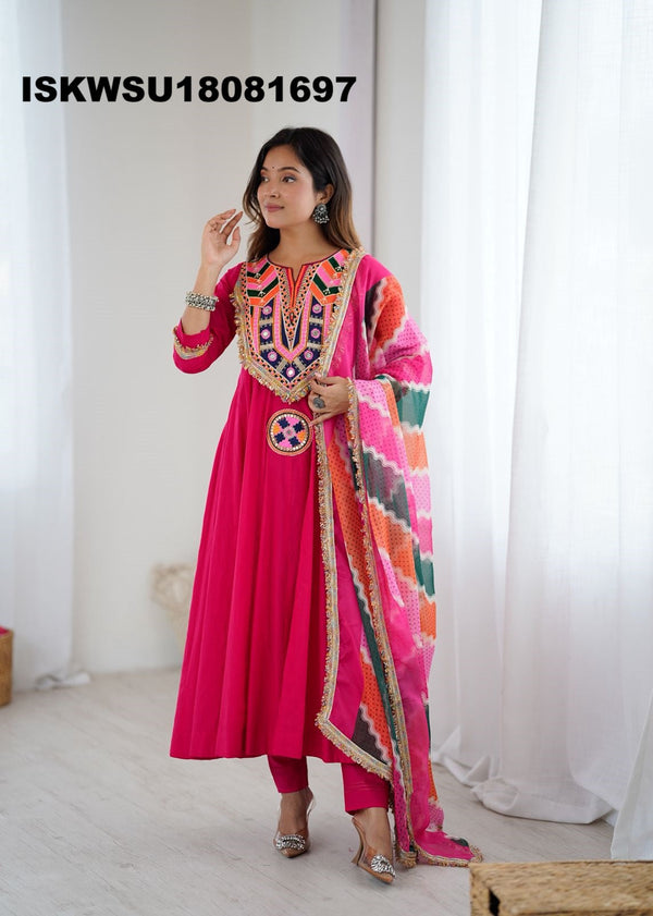 Embroidered Cotton Anarkali Kurti With Pant And Printed Organza Dupatta-ISKWSU18081697