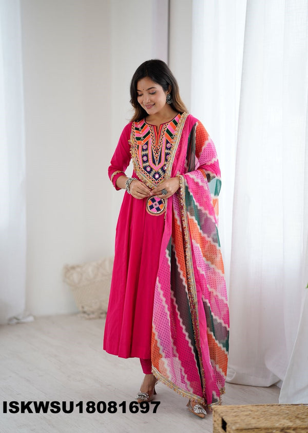 Embroidered Cotton Anarkali Kurti With Pant And Printed Organza Dupatta-ISKWSU18081697