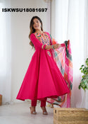 Embroidered Cotton Anarkali Kurti With Pant And Printed Organza Dupatta-ISKWSU18081697