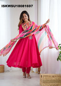 Embroidered Cotton Anarkali Kurti With Pant And Printed Organza Dupatta-ISKWSU18081697