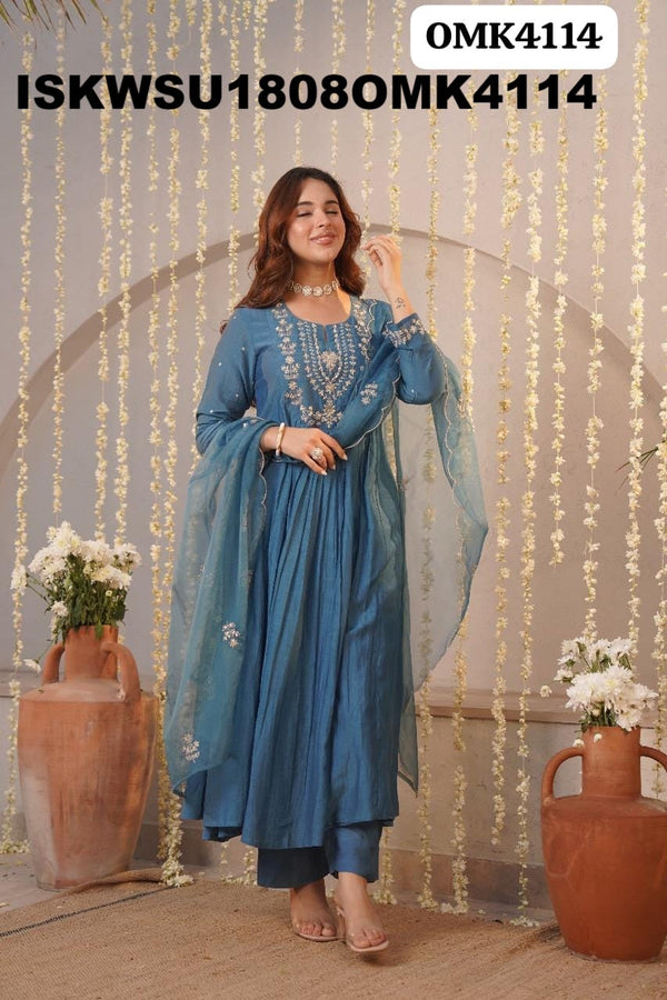Embroidered Malmal Chanderi Anarkali Kurti With Shantoon Pant And Organza Dupatta-ISKWSU1808OMK4114