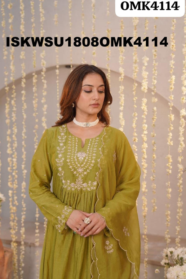 Embroidered Malmal Chanderi Anarkali Kurti With Shantoon Pant And Organza Dupatta-ISKWSU1808OMK4114