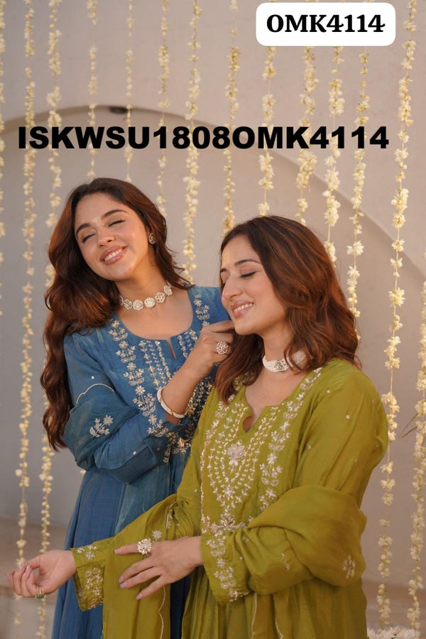 Embroidered Malmal Chanderi Anarkali Kurti With Shantoon Pant And Organza Dupatta-ISKWSU1808OMK4114