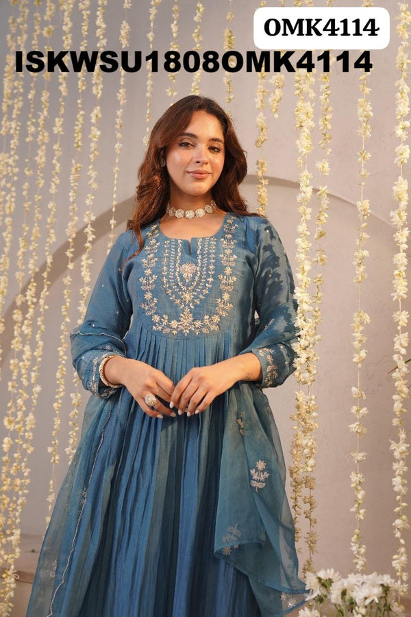 Embroidered Malmal Chanderi Anarkali Kurti With Shantoon Pant And Organza Dupatta-ISKWSU1808OMK4114