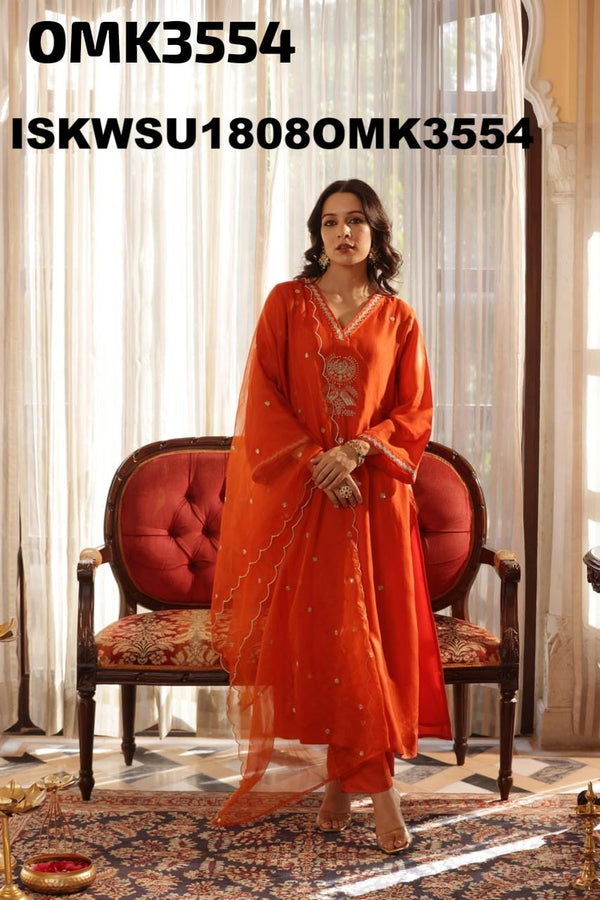 Embroidered Shimmer Kurti With Shantoon Pant And Organza Dupatta-ISKWSU1808OMK3554