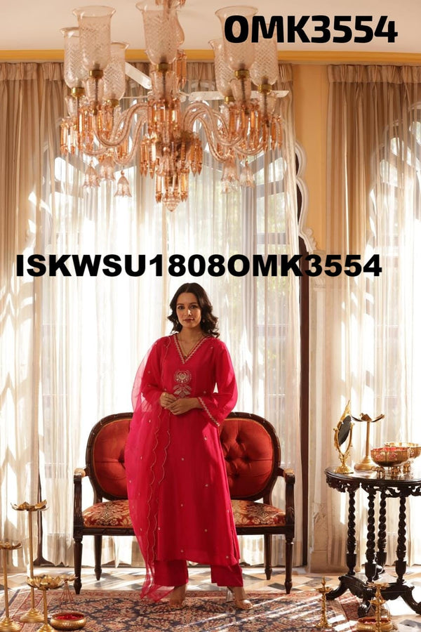 Embroidered Shimmer Kurti With Shantoon Pant And Organza Dupatta-ISKWSU1808OMK3554