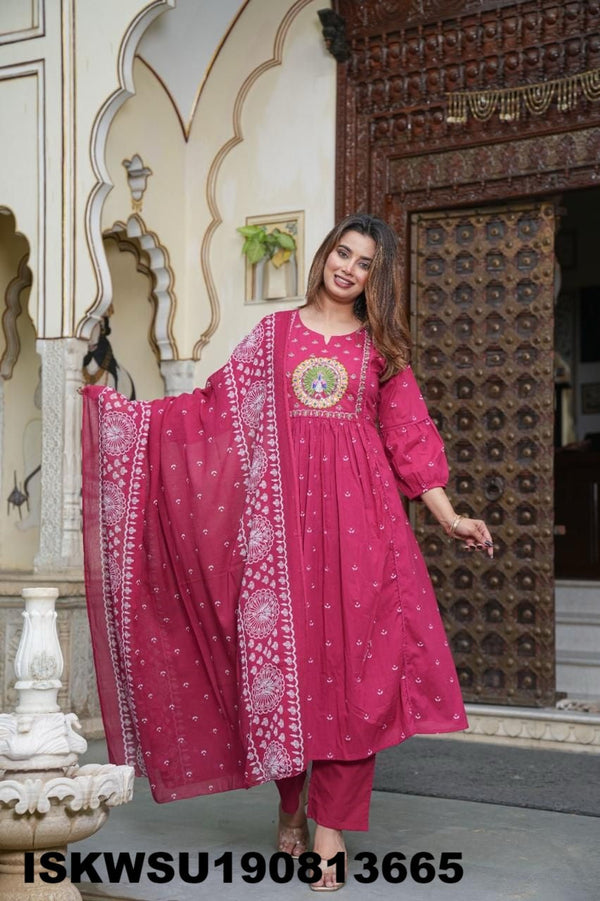 Printed Cotton A-Line Kurti With Pant And Dupatta-ISKWSU190813665