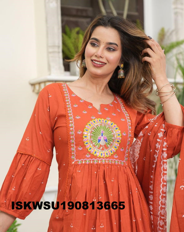 Printed Cotton A-Line Kurti With Pant And Dupatta-ISKWSU190813665