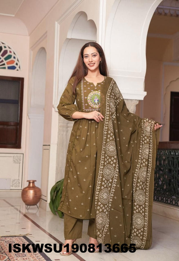 Printed Cotton A-Line Kurti With Pant And Dupatta-ISKWSU190813665