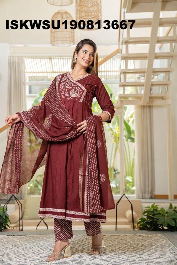 Embroidered Cotton Anarkali Kurti With Pant And Printed Dupatta-ISKWSU190813667