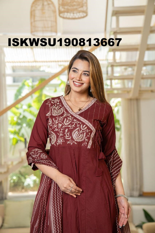 Embroidered Cotton Anarkali Kurti With Pant And Printed Dupatta-ISKWSU190813667