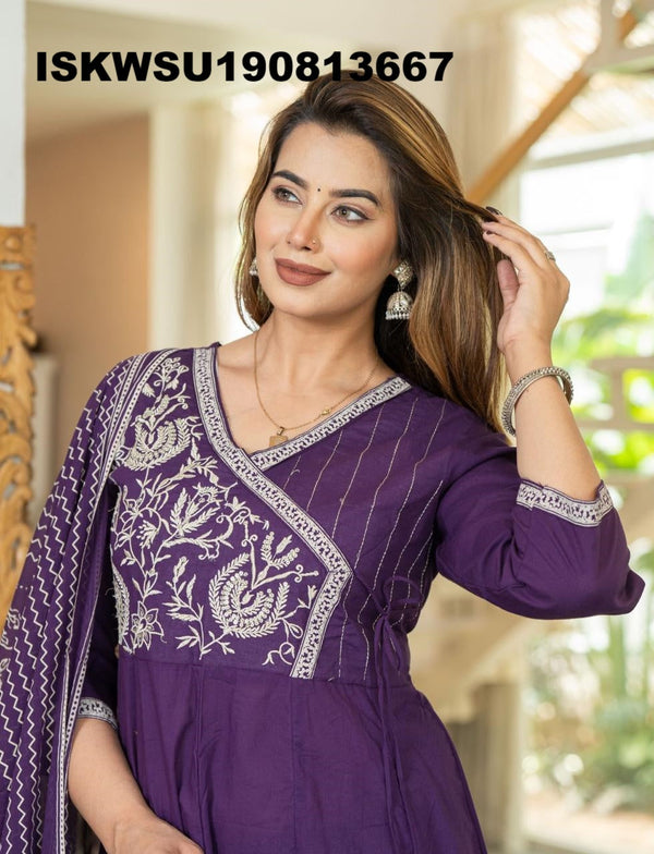 Embroidered Cotton Anarkali Kurti With Pant And Printed Dupatta-ISKWSU190813667