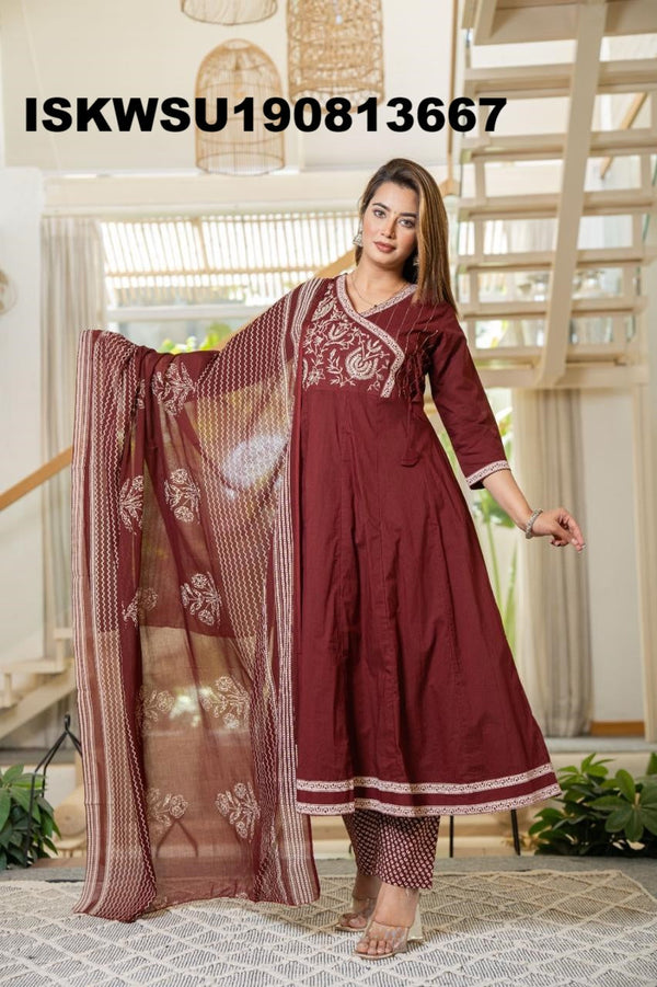 Embroidered Cotton Anarkali Kurti With Pant And Printed Dupatta-ISKWSU190813667