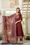 Embroidered Cotton Anarkali Kurti With Pant And Printed Dupatta-ISKWSU190813667