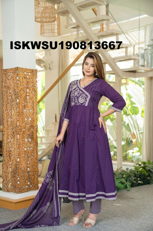 Embroidered Cotton Anarkali Kurti With Pant And Printed Dupatta-ISKWSU190813667