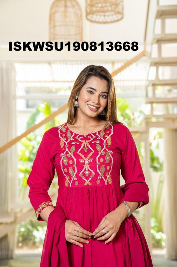 Embroidered Cotton Kurti With Pant And Dupatta-ISKWSU190813668