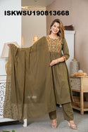 Embroidered Cotton Kurti With Pant And Dupatta-ISKWSU190813670
