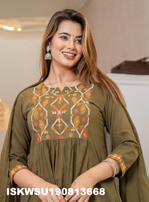 Embroidered Cotton Kurti With Pant And Dupatta-ISKWSU190813668