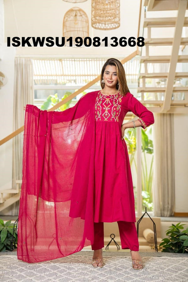 Embroidered Cotton Kurti With Pant And Dupatta-ISKWSU190813668