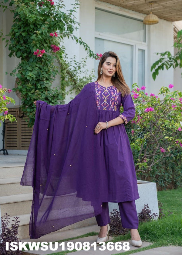Embroidered Cotton Kurti With Pant And Dupatta-ISKWSU190813668