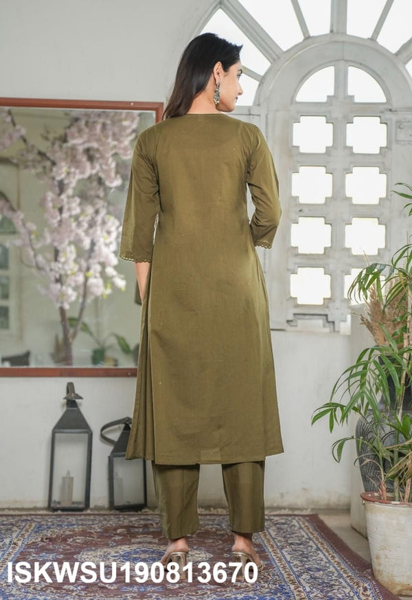 Embroidered Cotton Kurti With Pant And Dupatta-ISKWSU190813670