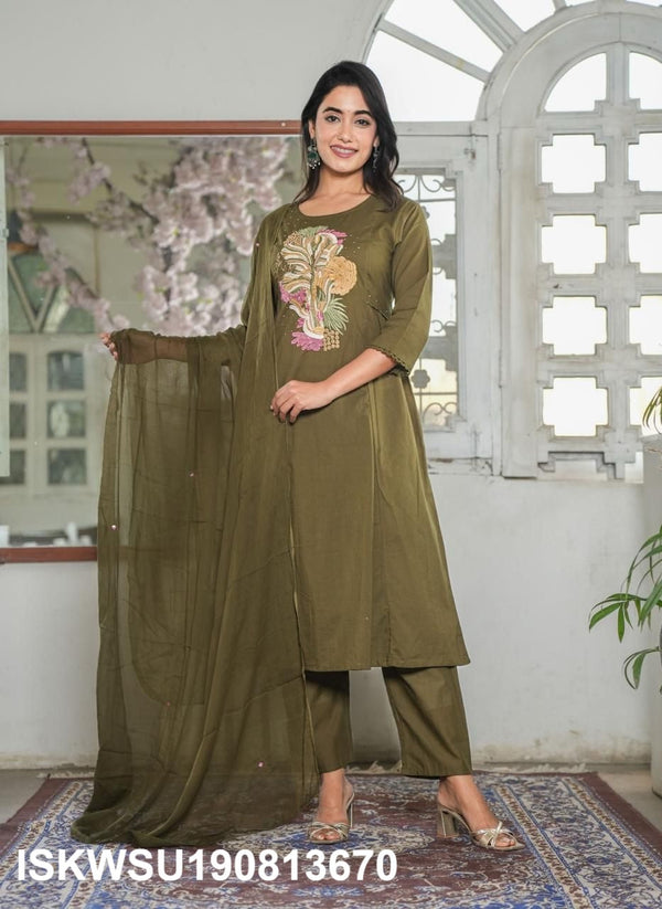 Embroidered Cotton Kurti With Pant And Dupatta-ISKWSU190813670