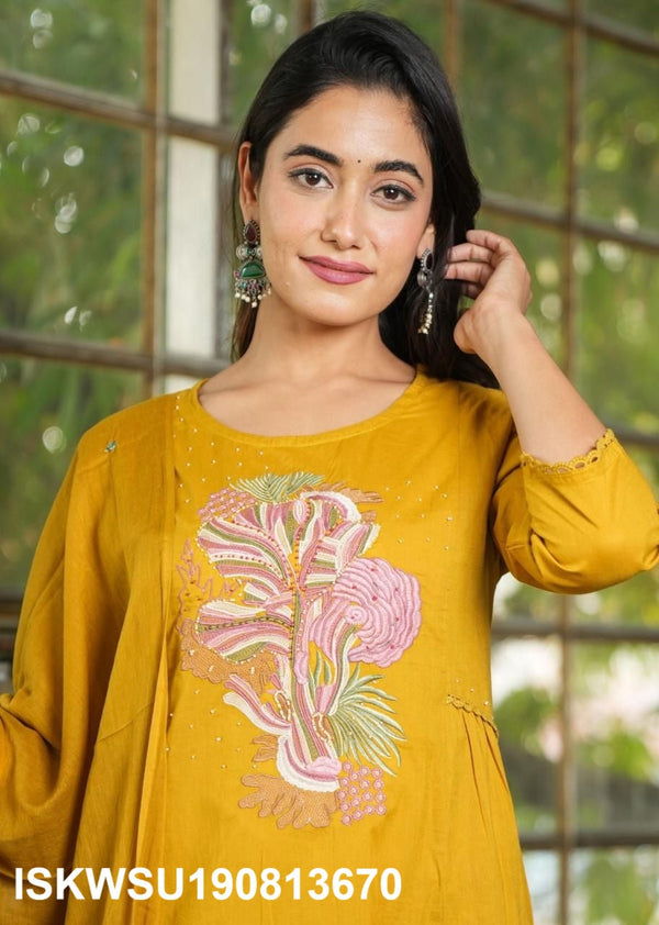 Embroidered Cotton Kurti With Pant And Dupatta-ISKWSU190813670