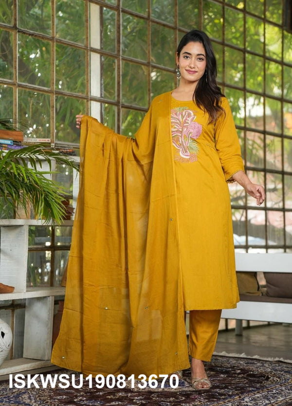 Embroidered Cotton Kurti With Pant And Dupatta-ISKWSU190813670