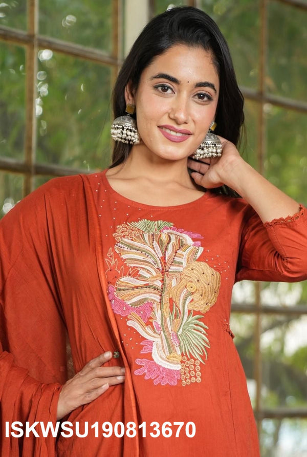 Embroidered Cotton Kurti With Pant And Dupatta-ISKWSU190813670