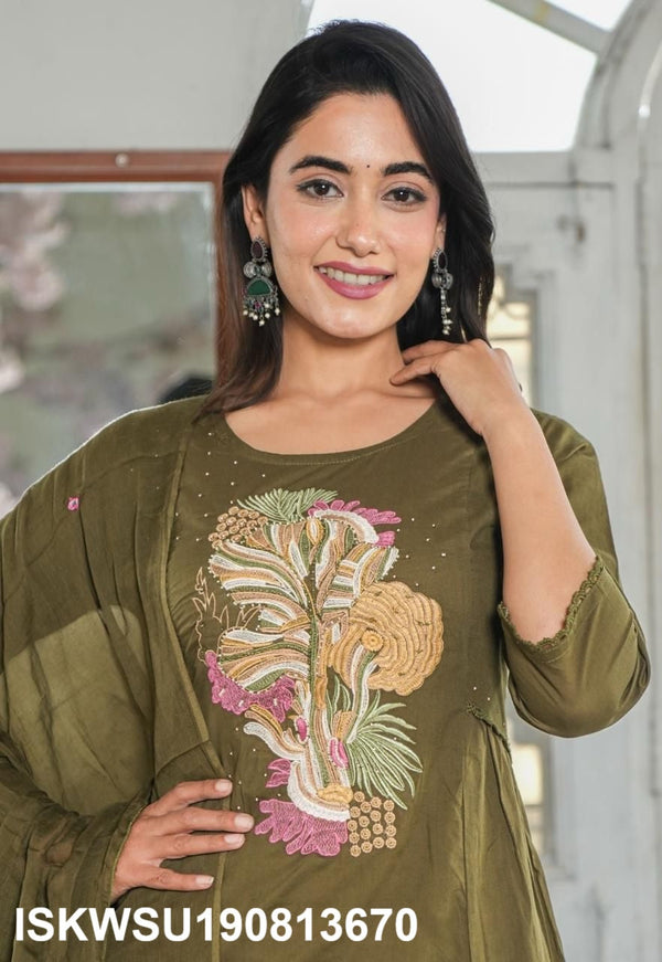 Embroidered Cotton Kurti With Pant And Dupatta-ISKWSU190813670