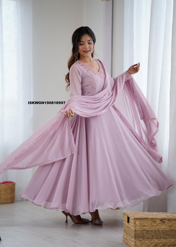 Embroidered Georgette Gown With Dupatta-ISKWGN190818997