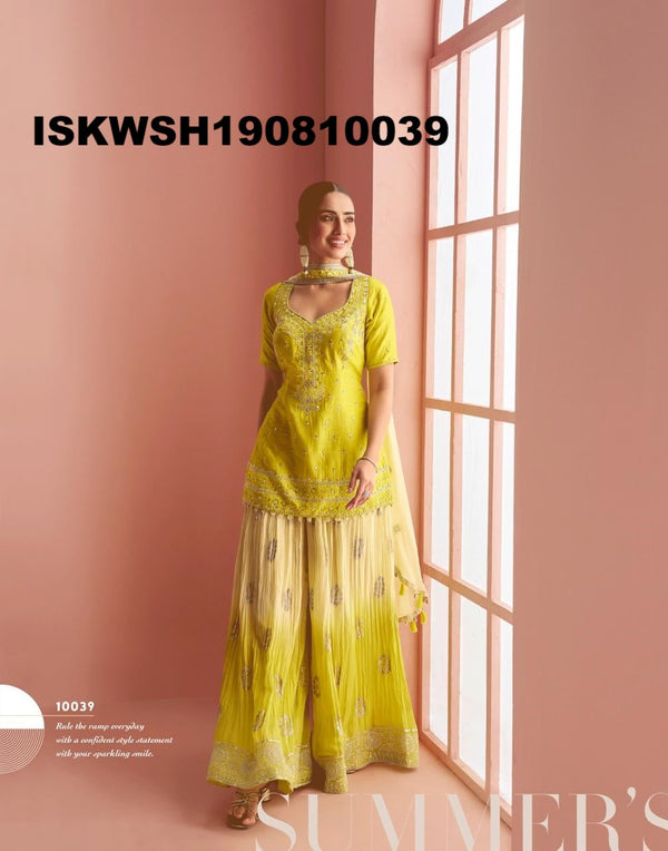 Embroidered Chinon Kurti With Sharara And Dupatta-ISKWSH190810039