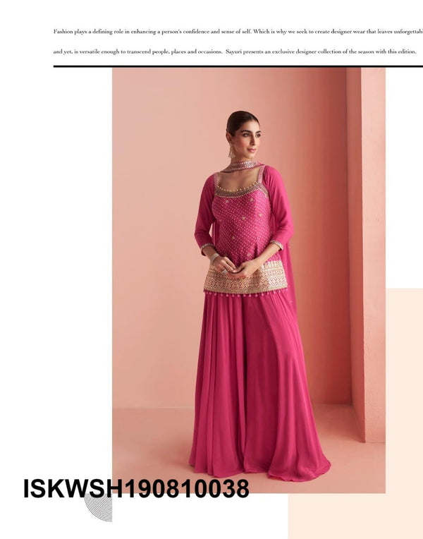 Embroidered Chinon Kurti With Sharara And Dupatta-ISKWSH190810038