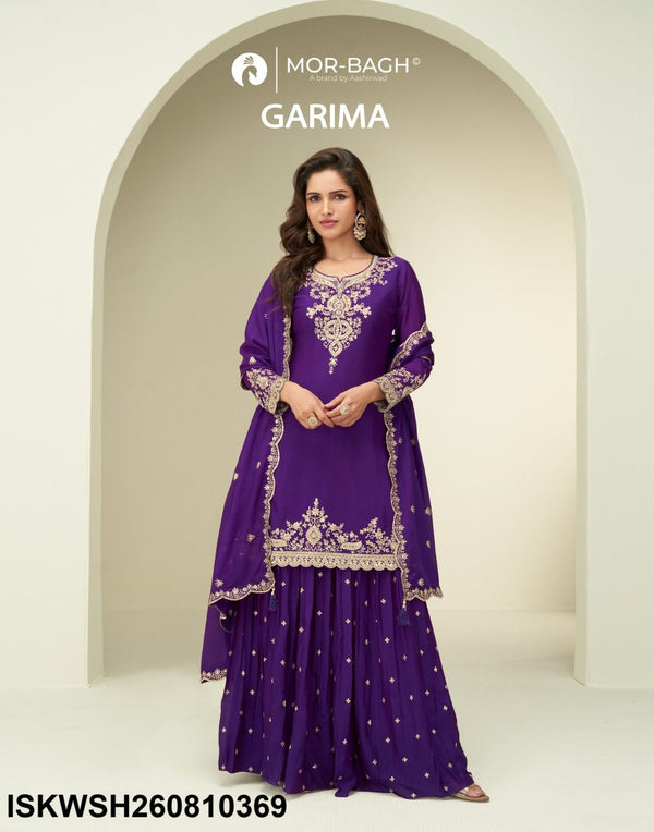Embroidered Chinon Silk Kurti With Sharara And Dupatta-ISKWSH260810369/68/70