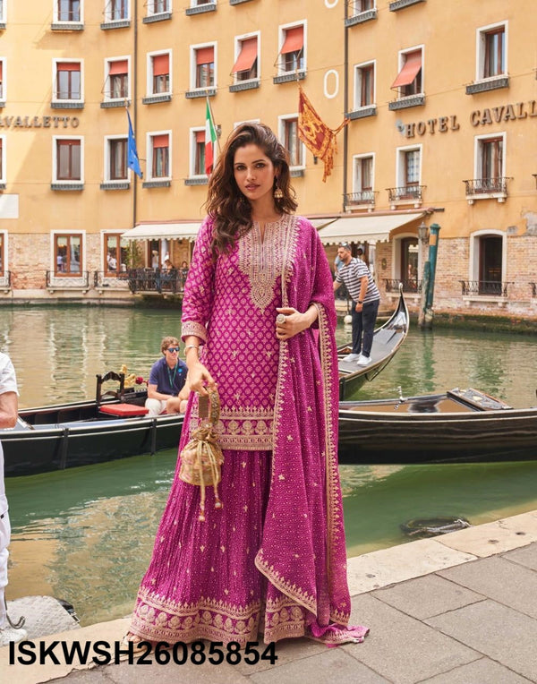 Embroidered Chinon Silk Kurti With Sharara And Dupatta-ISKWSH26085854