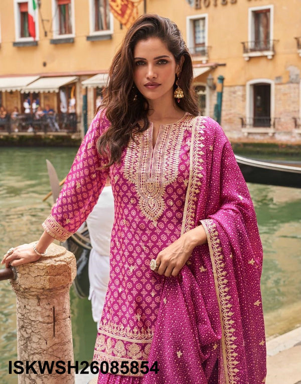 Embroidered Chinon Silk Kurti With Sharara And Dupatta-ISKWSH26085854