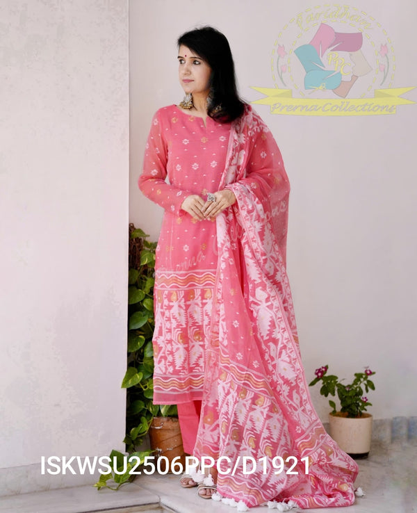 Hand Weaved Jamdani Cotton Kurti With Pant And Woven Dupatta-ISKWSU2506PPC/D1921