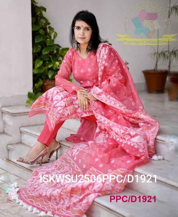 Hand Weaved Jamdani Cotton Kurti With Pant And Woven Dupatta-ISKWSU2506PPC/D1921