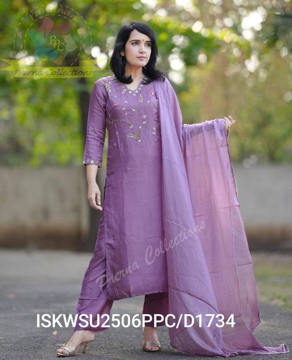 Embroidered Silk Kurti With Pant And Chinon Dupatta-ISKWSU2506PPC/D1734