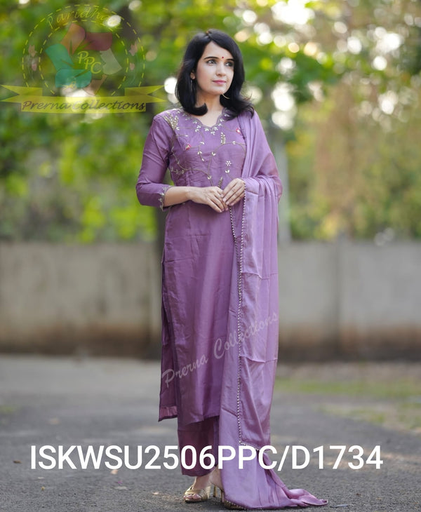 Embroidered Silk Kurti With Pant And Chinon Dupatta-ISKWSU2506PPC/D1734