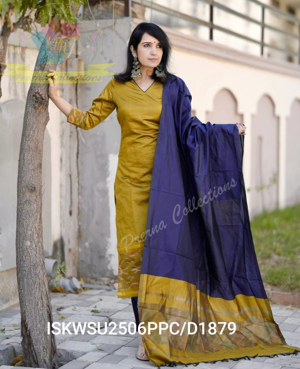 Ikkat Weaved Silk Kurti With Pant And Dupatta-ISKWSU2506PPC/D1879