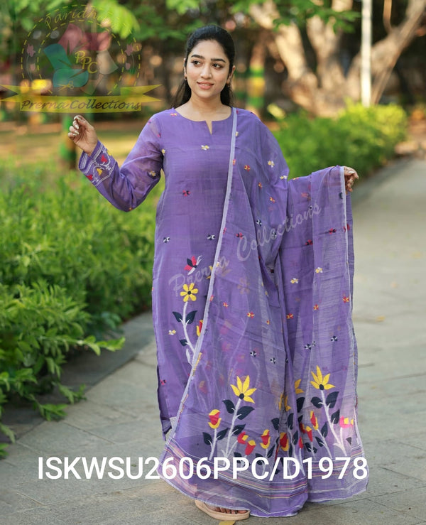Hand Woven Jamdani Cotton Kurti With Pant And Woven Dupatta-ISKWSU2606PPC/D1978