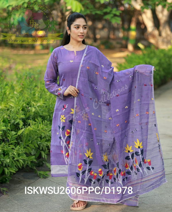 Hand Woven Jamdani Cotton Kurti With Pant And Woven Dupatta-ISKWSU2606PPC/D1978