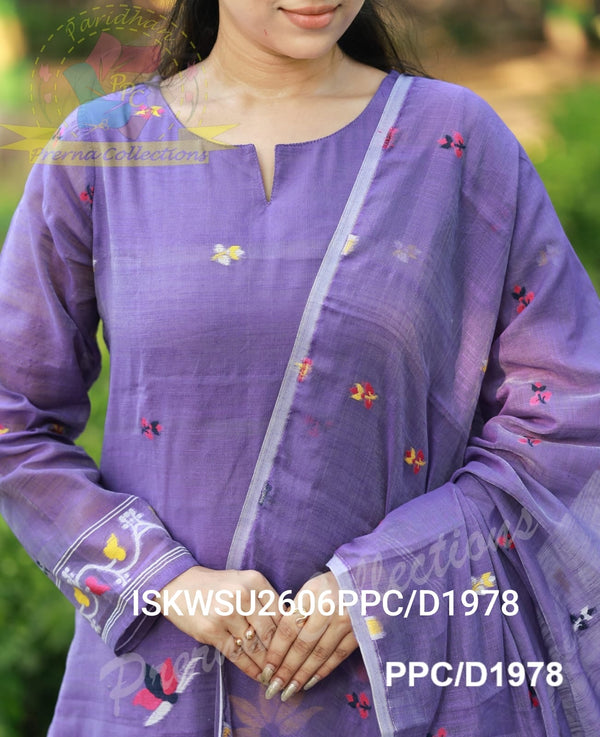 Hand Woven Jamdani Cotton Kurti With Pant And Woven Dupatta-ISKWSU2606PPC/D1978