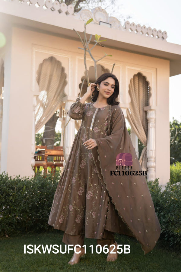 Embroidered Malmal Chanderi Kurti With Silk Pant And  Dupatta-ISKWSUFC110625B/FC110625P