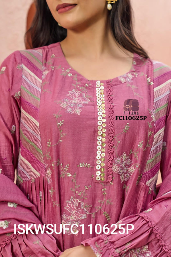 Embroidered Malmal Chanderi Kurti With Silk Pant And  Dupatta-ISKWSUFC110625B/FC110625P