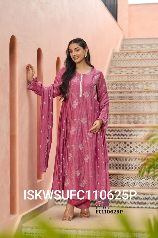 Embroidered Malmal Chanderi Kurti With Silk Pant And  Dupatta-ISKWSUFC110625B/FC110625P