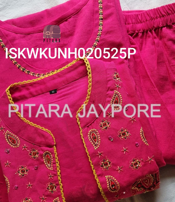 Linen Cotton Kurti With Pant And Detachable Kutch Embroidered Jacket-ISKWKUNH020525P